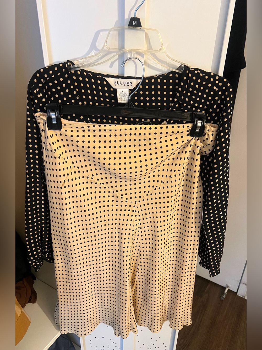 Allison Taylor Black Blouse with Cream Polka Dots skirt
